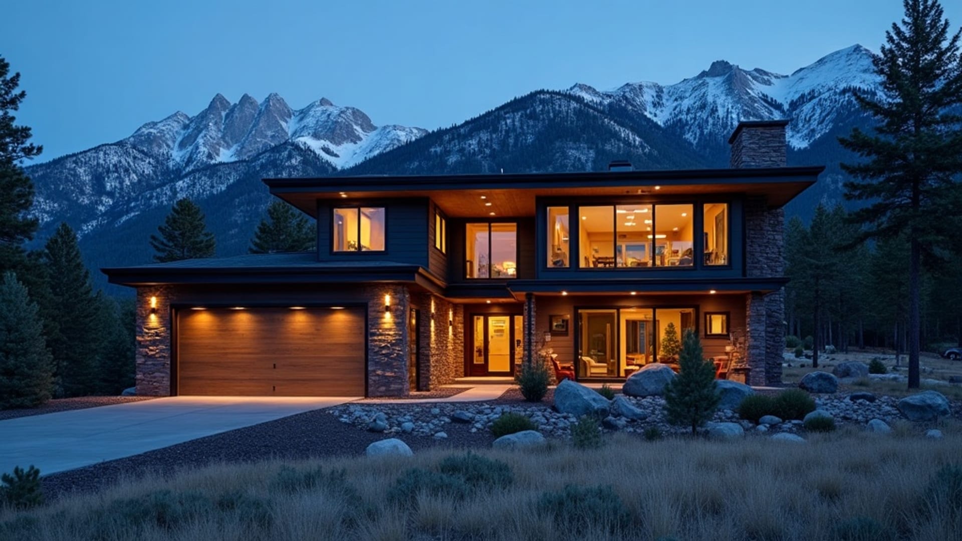 Luxury Colorado mountain home at dusk with warm interior glow